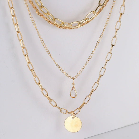 Women's Layered Alloy Chain Necklace With Geometric Round And Teardrop Pendants Electroplated Fashion Jewelry