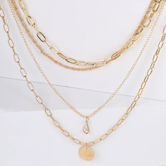Women's Layered Alloy Chain Necklace With Geometric Round And Teardrop Pendants Electroplated Fashion Jewelry