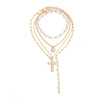 Women's Layered Faux Pearl Chain Necklace Set With Geometric Alloy Cross Pendant And Plated Collarbone Jewelry