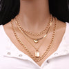 Women's Layered Heart Padlock Necklace Set With Detachable Horse Whip Chain And Glossy Electroplated Alloy Design