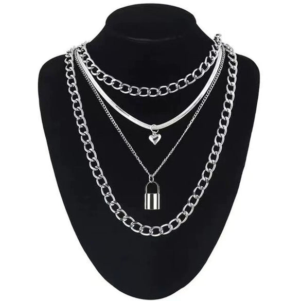 Women's Layered Heart Padlock Necklace Set With Detachable Horse Whip Chain And Glossy Electroplated Alloy Design