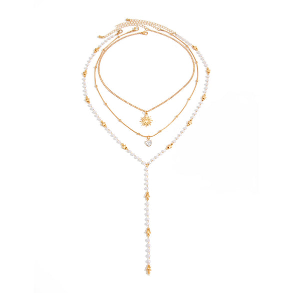Women's Layered Long Necklace With Imitation Pearl Star Beads And Plated Sunflower Rhinestone Heart Pendant