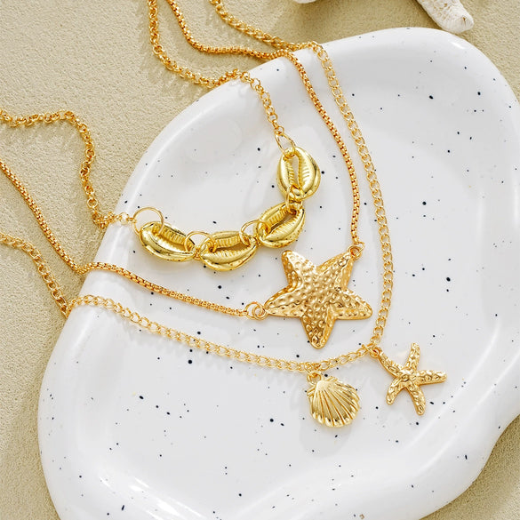 Women's Layered Metal Starfish And Shell Necklace With Gold Inlaid Details Geometric Animal Pendant And Stacking Style