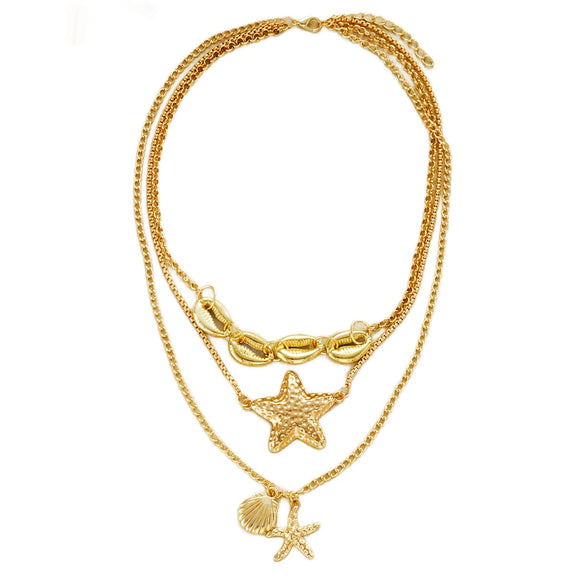 Women's Layered Metal Starfish And Shell Necklace With Gold Inlaid Details Geometric Animal Pendant And Stacking Style
