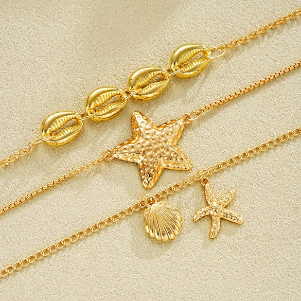 Women's Layered Metal Starfish And Shell Necklace With Gold Inlaid Details Geometric Animal Pendant And Stacking Style