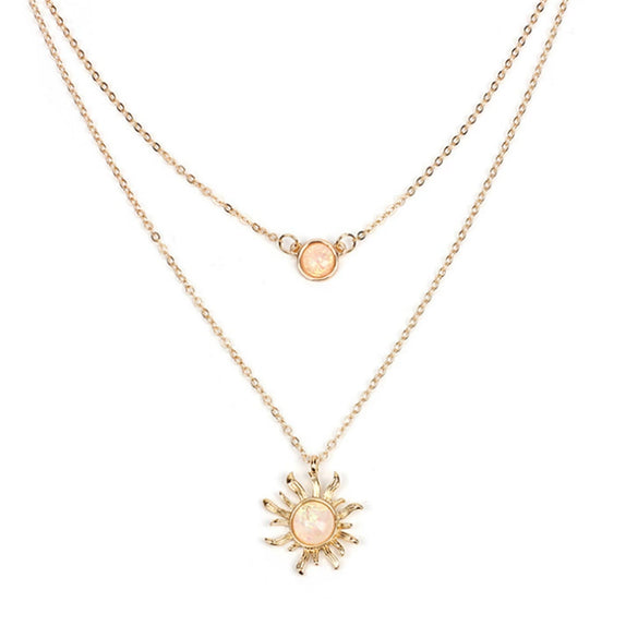 Women's Layered Opal Sunflower Necklace With Geometric Alloy Bamboo Chain And Electroplated Finish