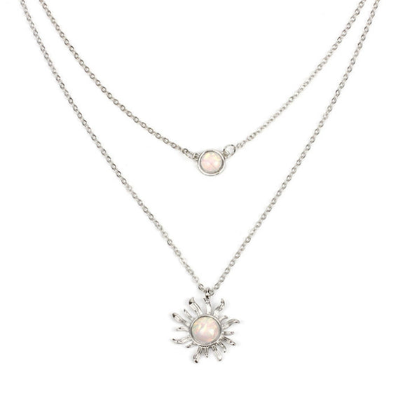Women's Layered Opal Sunflower Necklace With Geometric Alloy Bamboo Chain And Electroplated Finish