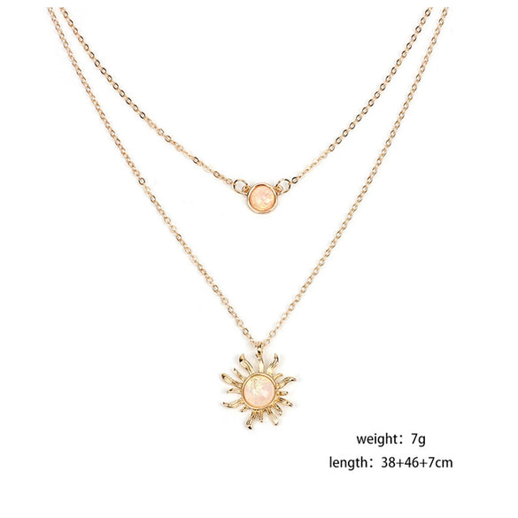 Women's Layered Opal Sunflower Necklace With Geometric Alloy Bamboo Chain And Electroplated Finish