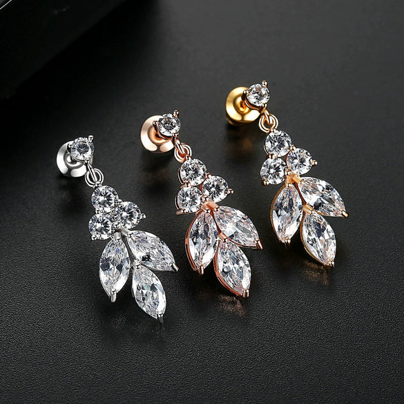 Women's Leaf Pendant Earrings With Microinlaid Zircon Accents Electroplated Copper Elegant Fashion Jewelry