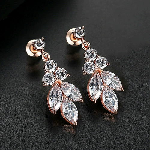 Women's Leaf Pendant Earrings With Microinlaid Zircon Accents Electroplated Copper Elegant Fashion Jewelry