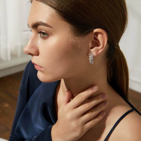 Women's Leafshaped Copper Earrings With Microinlaid Zircon And Full Sparkling Stone Embellishment
