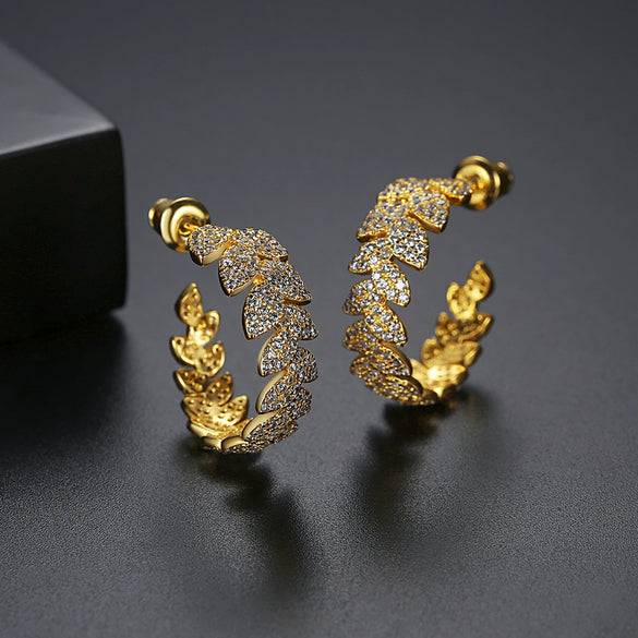 Women's Leafshaped Copper Earrings With Microinlaid Zircon And Full Sparkling Stone Embellishment