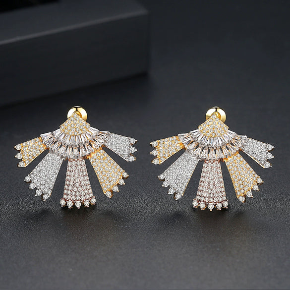 Women's Leafshaped Copper Earrings With Zircon Accents And Threetone Electroplated Finish Simple Fashion Jewelry
