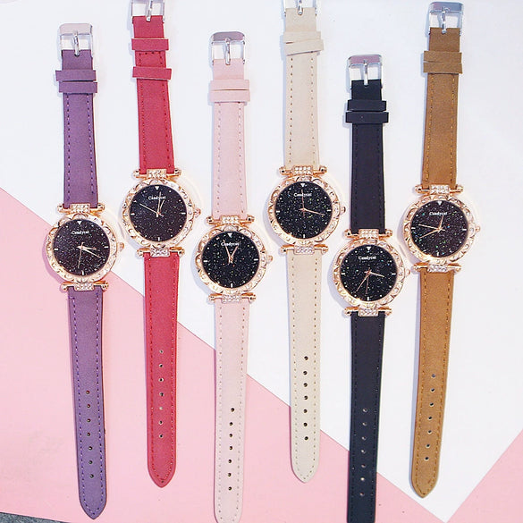 Women's Leisure Alloy And Imitation Leather Round Dial Watch With Ordinary Glass Mirror Spiral Crown And Pin Buckle