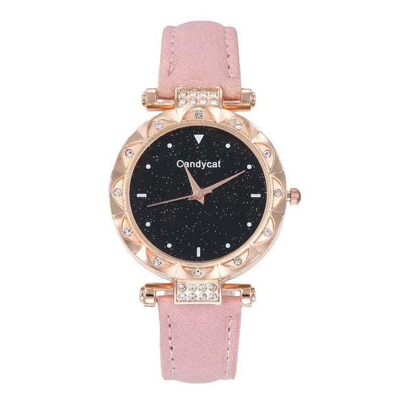 Women's Leisure Alloy And Imitation Leather Round Dial Watch With Ordinary Glass Mirror Spiral Crown And Pin Buckle