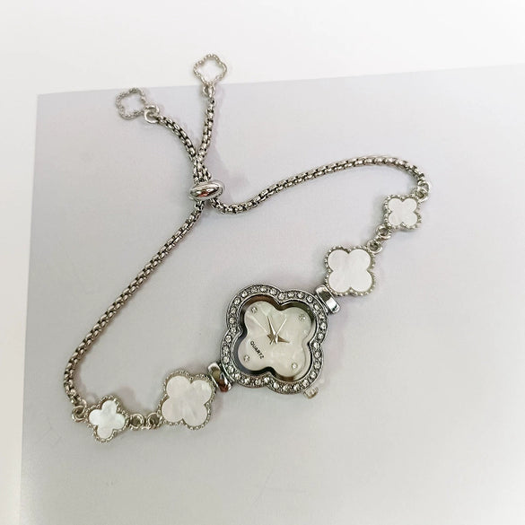 Women's Leisure Alloy And Stainless Steel Fourleaf Clover Flower Shape Diamondencrusted Quartz Bracelet Watch