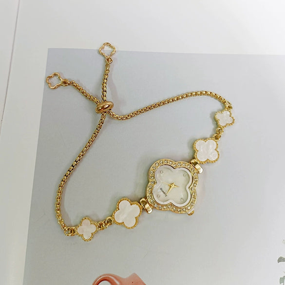 Women's Leisure Alloy And Stainless Steel Fourleaf Clover Flower Shape Diamondencrusted Quartz Bracelet Watch