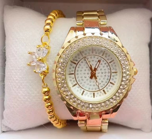 Women's Leisure Alloy And Stainless Steel Round Dial Diamond Watch With Roman Numerals