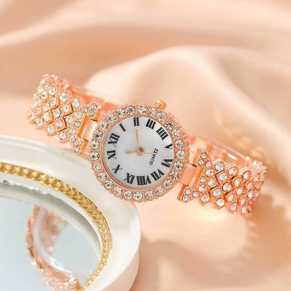 Women's Leisure Alloy And Stainless Steel Round Dial Diamond Watch With Roman Numerals