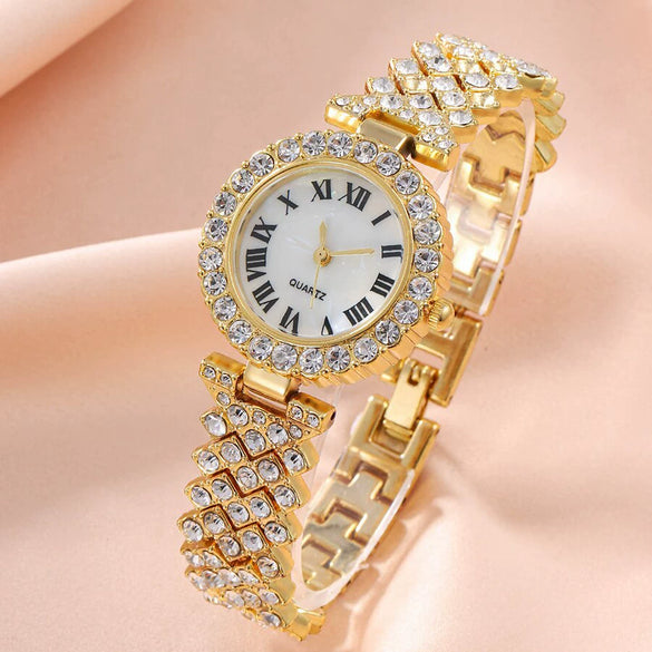 Women's Leisure Alloy And Stainless Steel Round Dial Diamond Watch With Roman Numerals