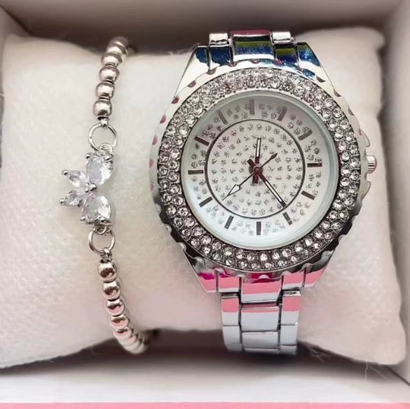 Women's Leisure Alloy And Stainless Steel Round Dial Diamond Watch With Roman Numerals