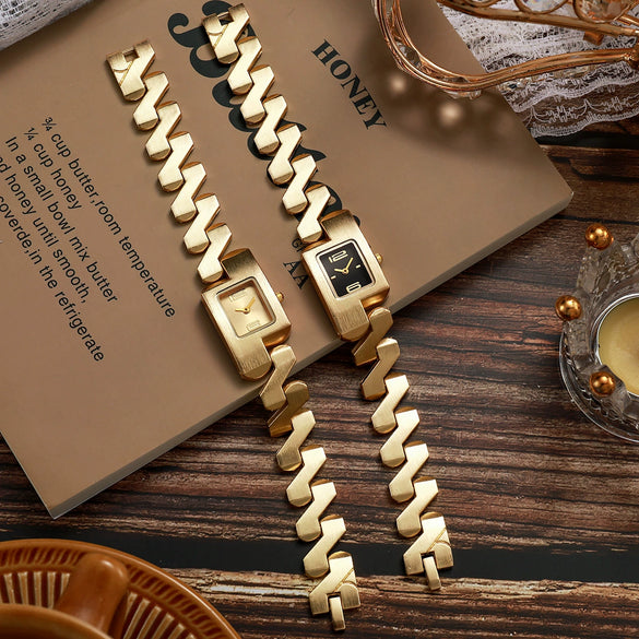 Women's Leisure Alloy And Stainless Steel Square And Round Dial Watch With Wave Curve Design
