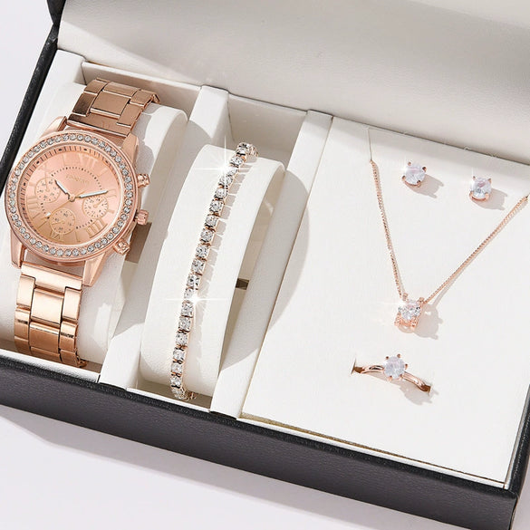 Women's Leisure Alloy Band Quartz Watch Set With Round Dial