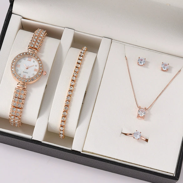 Women's Leisure Alloy Band Quartz Watch Set With Round Dial