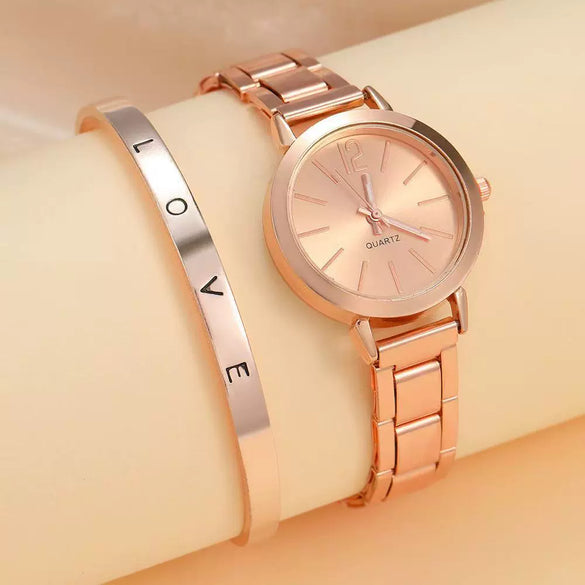 Women's Leisure Alloy Band Round Dial Quartz Watch With Rose Gold Pin Buckle