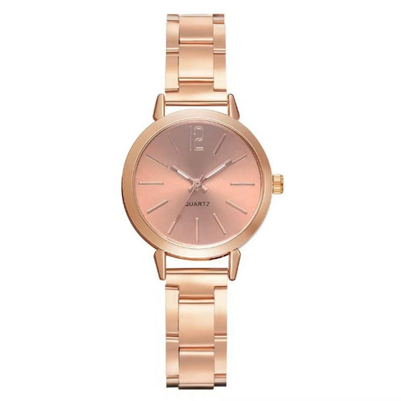 Women's Leisure Alloy Band Round Dial Quartz Watch With Rose Gold Pin Buckle