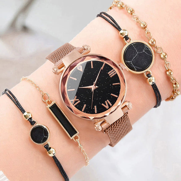 Women's Leisure Alloy Band Round Dial Starry Sky Roman Face Watch Set