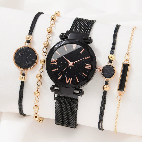 Women's Leisure Alloy Band Round Dial Starry Sky Roman Face Watch Set