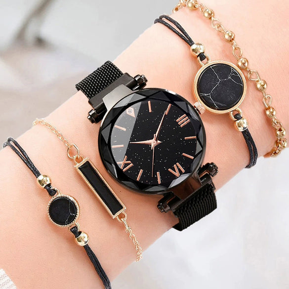 Women's Leisure Alloy Band Round Dial Starry Sky Roman Face Watch Set