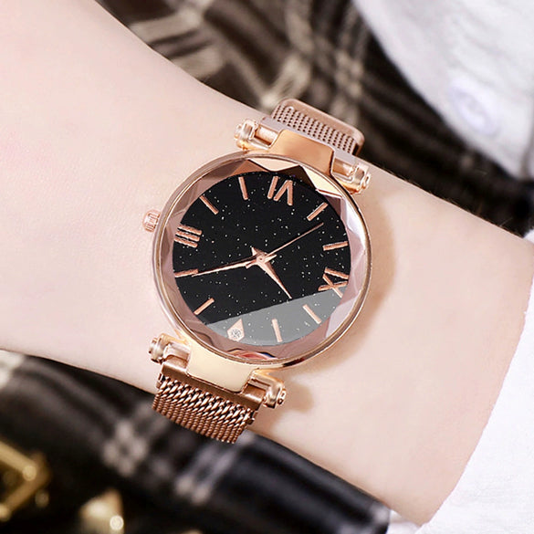 Women's Leisure Alloy Band Round Dial Starry Sky Roman Face Watch Set
