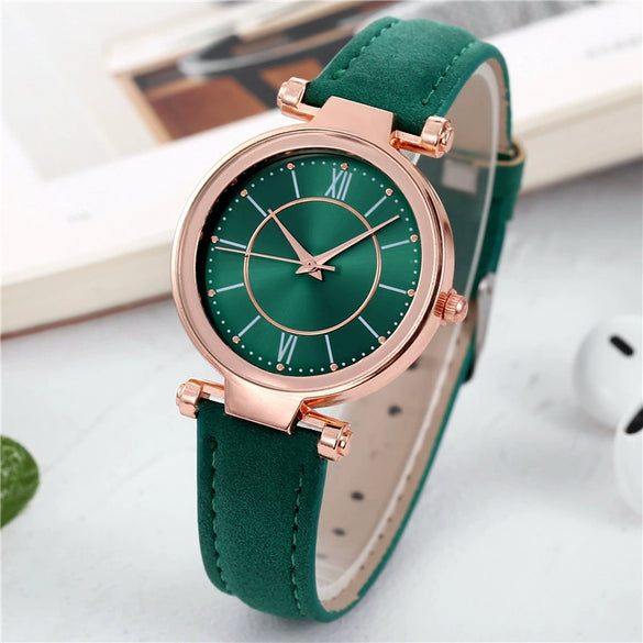 Women's Leisure Alloy Case Imitation Leather Strap Quartz Watch With Sun Pattern And Round Dial