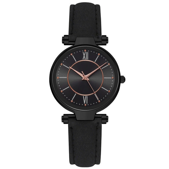 Women's Leisure Alloy Case Imitation Leather Strap Quartz Watch With Sun Pattern And Round Dial