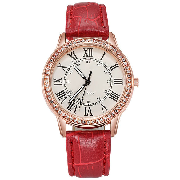 Women's Leisure Alloy Imitation Leather Belt Round Dial Quartz Watch With Diamondencrusted Luminous Design And Stainless Steel Buckle