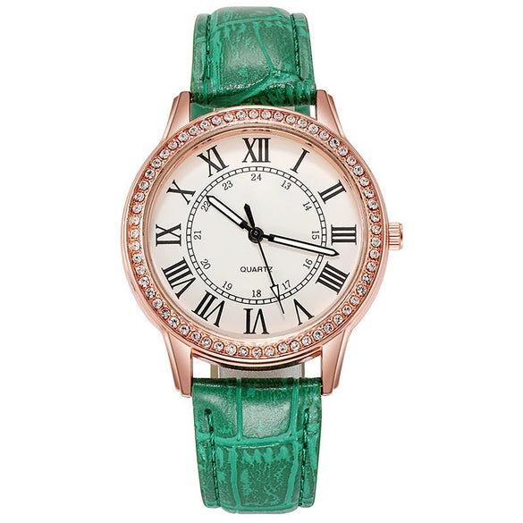 Women's Leisure Alloy Imitation Leather Belt Round Dial Quartz Watch With Diamondencrusted Luminous Design And Stainless Steel Buckle