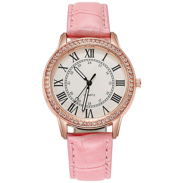 Women's Leisure Alloy Imitation Leather Belt Round Dial Quartz Watch With Diamondencrusted Luminous Design And Stainless Steel Buckle