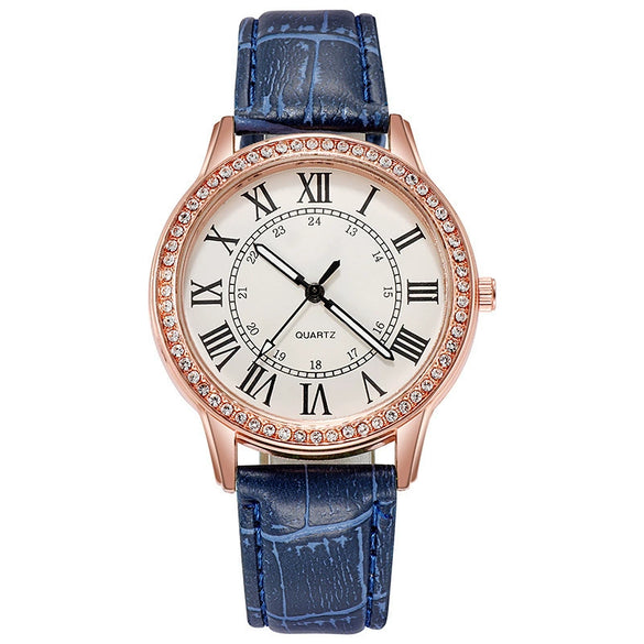 Women's Leisure Alloy Imitation Leather Belt Round Dial Quartz Watch With Diamondencrusted Luminous Design And Stainless Steel Buckle