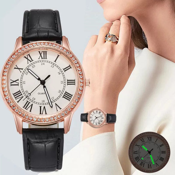 Women's Leisure Alloy Imitation Leather Belt Round Dial Quartz Watch With Diamondencrusted Luminous Design And Stainless Steel Buckle