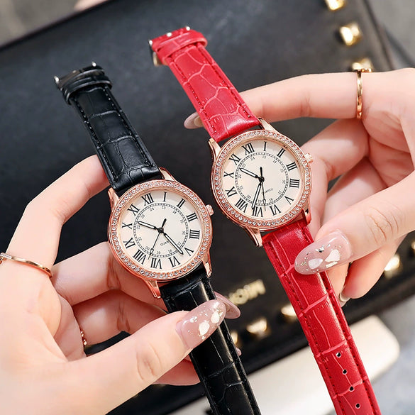 Women's Leisure Alloy Imitation Leather Belt Round Dial Quartz Watch With Diamondencrusted Luminous Design And Stainless Steel Buckle
