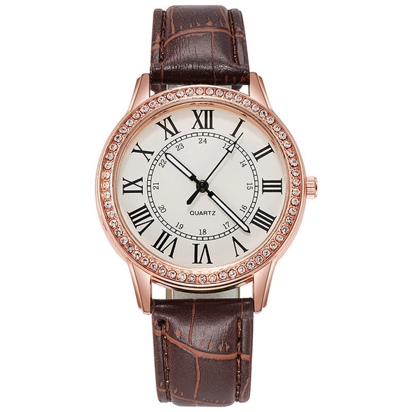 Women's Leisure Alloy Imitation Leather Belt Round Dial Quartz Watch With Diamondencrusted Luminous Design And Stainless Steel Buckle