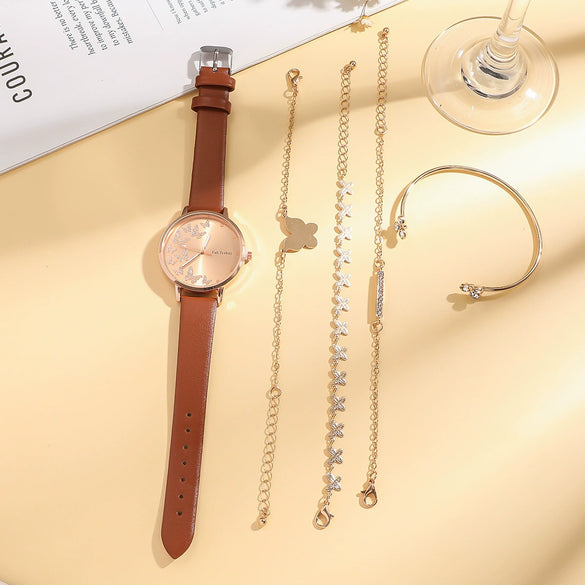 Women's Leisure Alloy Imitation Leather Strap Round Dial Diamond Rhinestone Butterfly Pattern Watch Bracelet