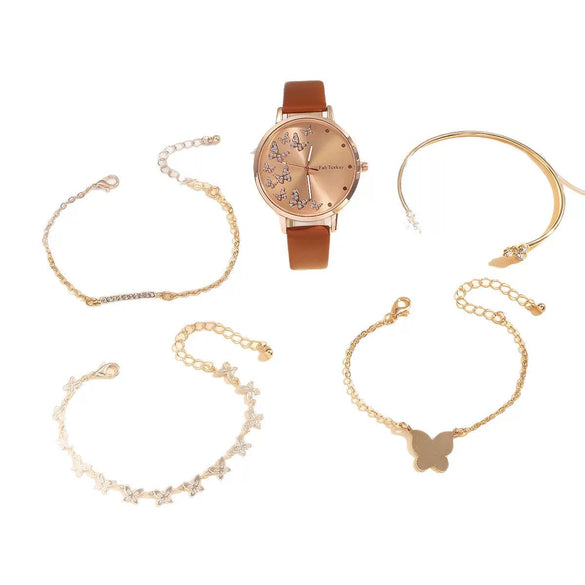 Women's Leisure Alloy Imitation Leather Strap Round Dial Diamond Rhinestone Butterfly Pattern Watch Bracelet