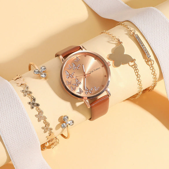 Women's Leisure Alloy Imitation Leather Strap Round Dial Diamond Rhinestone Butterfly Pattern Watch Bracelet