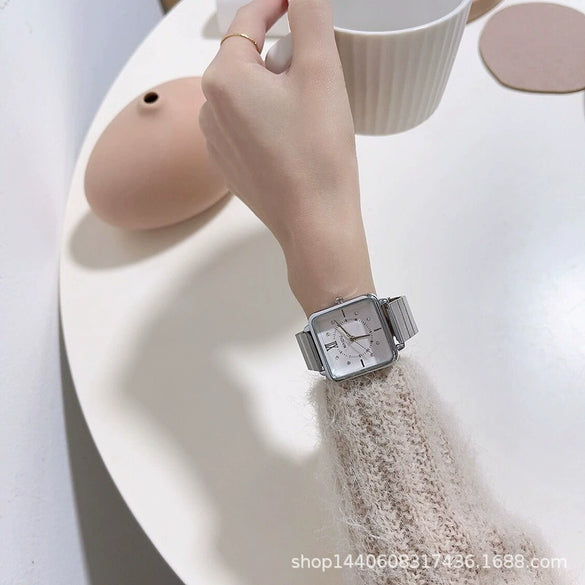 Women's Leisure Bamboo Strap Alloy Case Metal Texture Square Quartz Watch