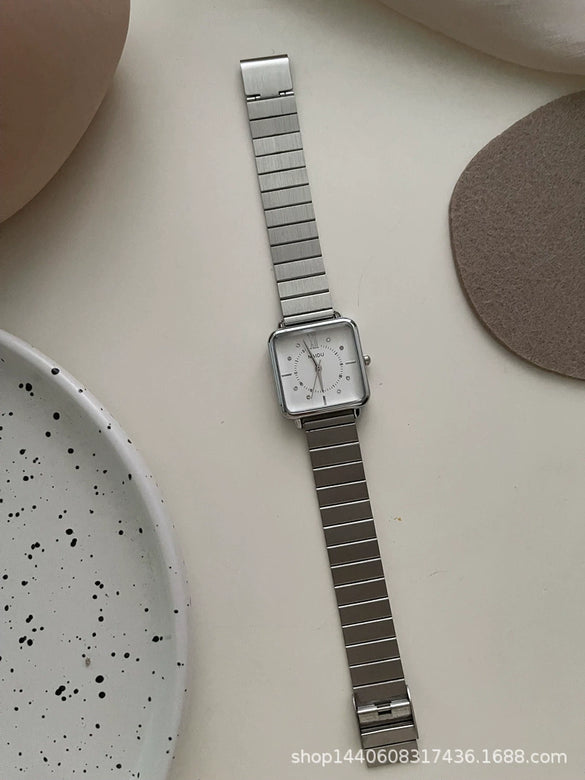 Women's Leisure Bamboo Strap Alloy Case Metal Texture Square Quartz Watch