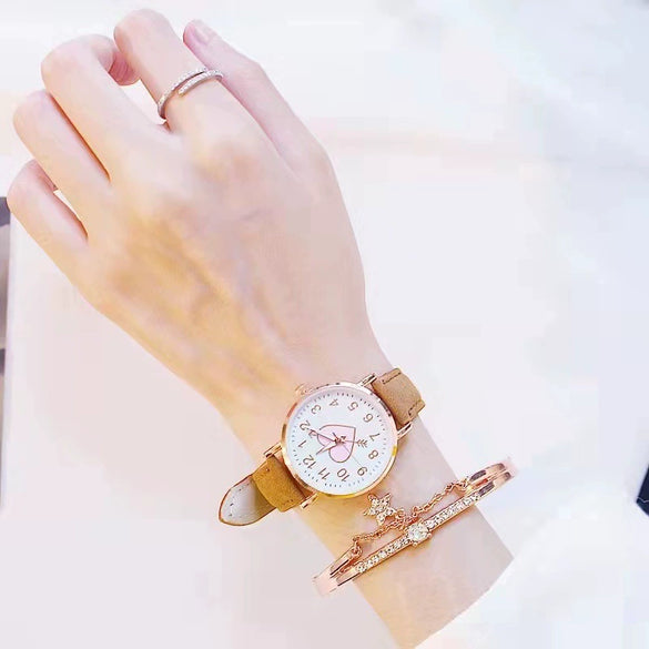Women's Leisure Cute Heart Shaped Alloy Case Imitation Leather Strap Titanium Buckle Watch