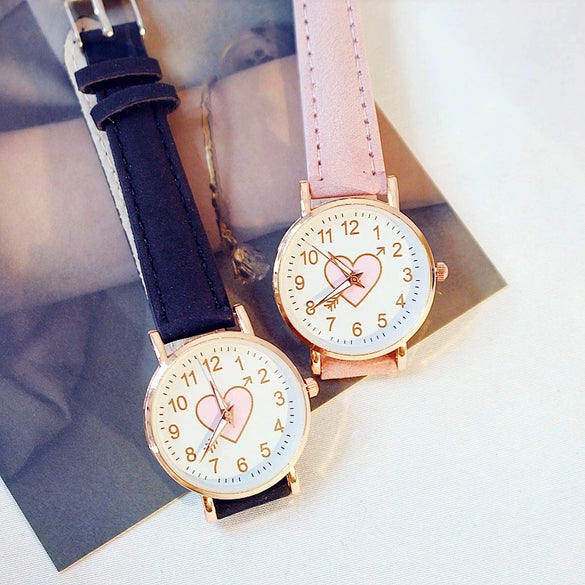 Women's Leisure Cute Heart Shaped Alloy Case Imitation Leather Strap Titanium Buckle Watch